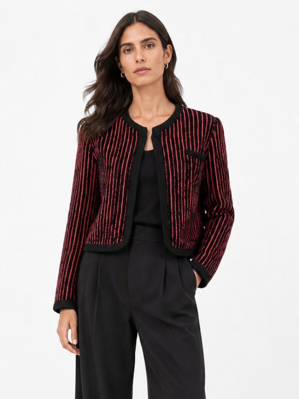ST JOHN BY MARIE GRAY BLACK RED STRIPED CHENILLE KNIT CARDIGAN
